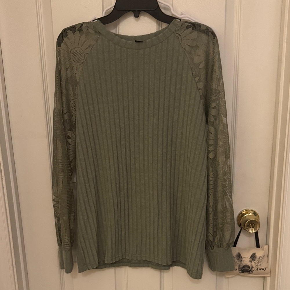 Sage color Ribbed Long Sleeve sweater with Lace Detailed sleeves